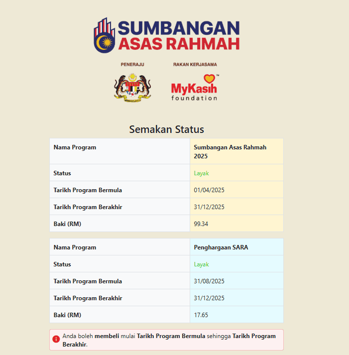SEMAKAN STATUS BANTUAN SARA